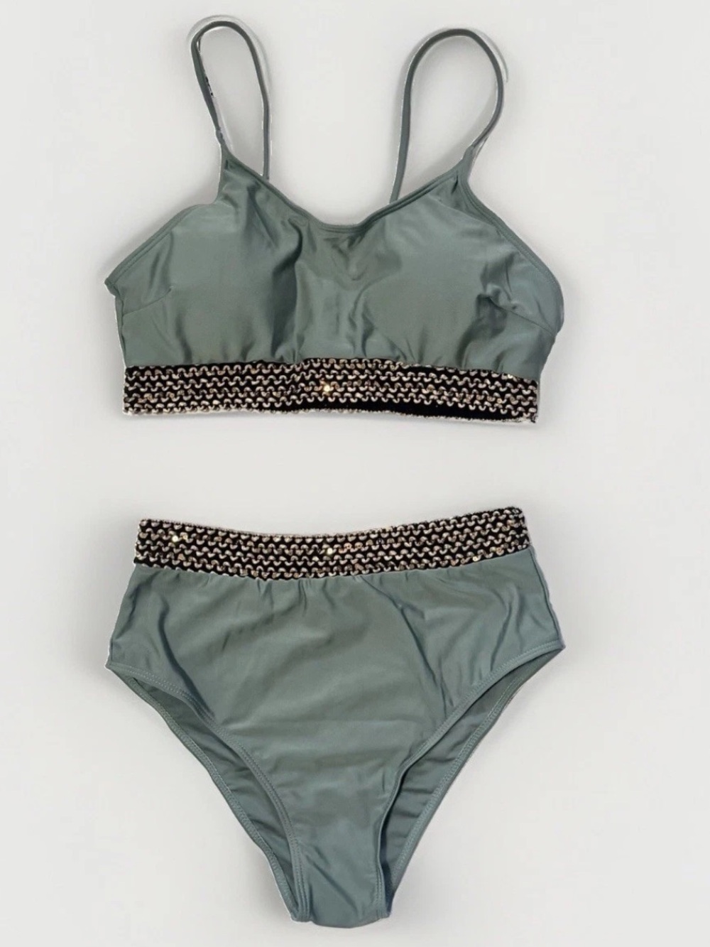 Micas 2pc Bikini Swimsuit XL High Waist Green & Gold Trim Spaghetti Strap Padded